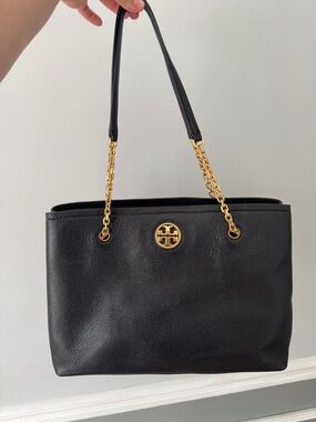 Tory Burch Black Leather Shoulder Bag with Gold Chain Accents
